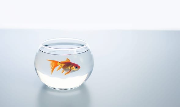 Goldfish swimming in transparent round glass bowl aquarium realistic illustration on white background with copy space. Space for text