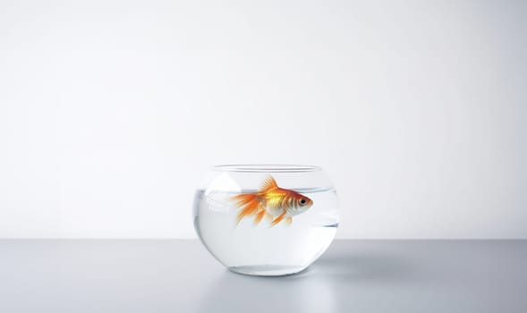 Goldfish swimming in transparent round glass bowl aquarium realistic illustration on white background with copy space. Space for text