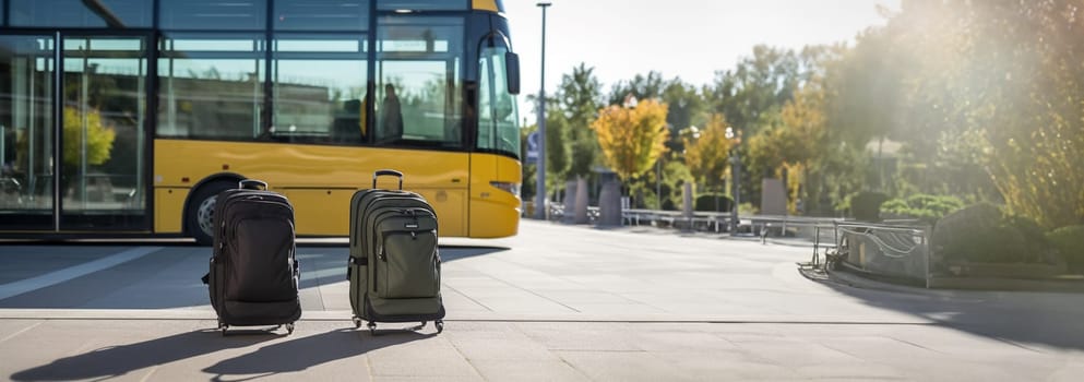 Travel Fashion. Closeup Shot Of Two Plastic Suitcases Standing waiting for public bus. Travelling And Vacation Booking Concept. copy space space for text