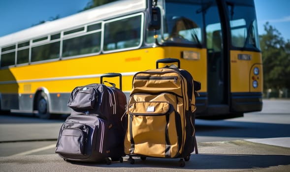 Travel Fashion. Closeup Shot Of Two Plastic Suitcases Standing waiting for public bus. Travelling And Vacation Booking Concept. copy space space for text