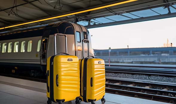 Two retro suitcases by the train on station. Suitcases stand on an empty railway platform. Empty train station. Travel,Holiday vacation concept copy space space for text