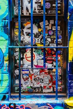 MELBOURNE, AUSTRALIA - MARCH 26, 2023 - Architectural details in Melbourne's Hosier Lane on a cloudy overcast day in Melbourne, Victoria, Australia