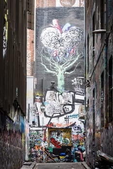 MELBOURNE, AUSTRALIA - MARCH 26, 2023 - Architectural details in Melbourne's Hosier Lane on a cloudy overcast day in Melbourne, Victoria, Australia