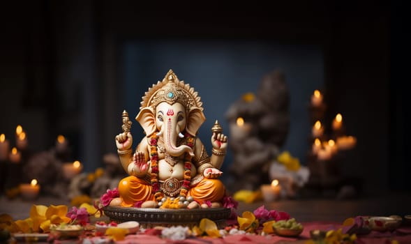 Lord Ganpati, colorful Hindu god Ganesha on dark background. Statue on wooden table with a smoke of incense and a candle. Copy space. Space for text
