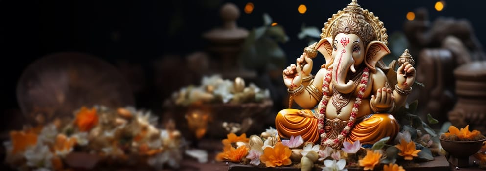 Lord Ganpati, colorful Hindu god Ganesha on dark background. Statue on wooden table with a smoke of incense and a candle. Copy space. Space for text