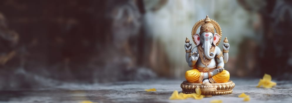 Lord Ganpati, colorful Hindu god Ganesha on dark background. Statue on wooden table with a smoke of incense and a candle. Copy space. Space for text