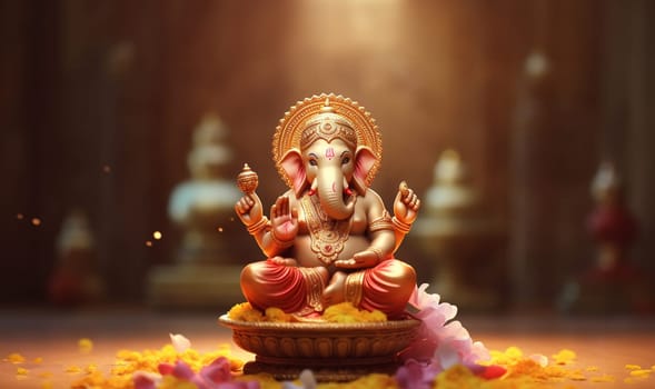 Lord Ganpati, colorful Hindu god Ganesha on dark background. Statue on wooden table with a smoke of incense and a candle. Copy space. Space for text