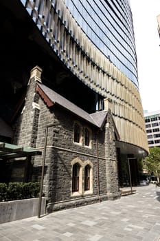 MELBOURNE, AUSTRALIA - MARCH 26, 2023 - Architectural details in Melbourne's Wesley Place and the Manse on a sunny autumn day in Melbourne, Victoria, Australia