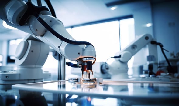 Futuristic Artificial Intelligence Robotic Arm Operates and Moves a Metal Object in lab, Picks It Up and Puts it Down. Scene is Taken in a High Tech Research Laboratory with Modern Equipment. Medical technology,robot arm concept copy space space for text
