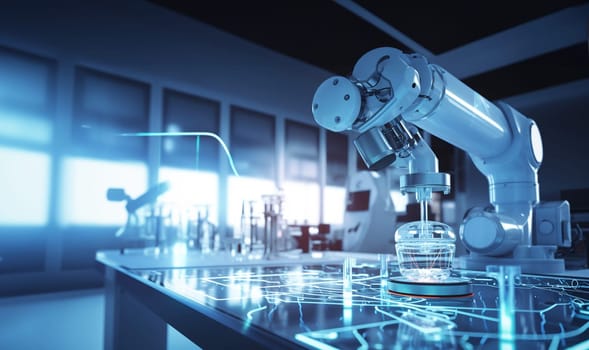 Futuristic Artificial Intelligence Robotic Arm Operates and Moves a Metal Object in lab, Picks It Up and Puts it Down. Scene is Taken in a High Tech Research Laboratory with Modern Equipment. Medical technology,robot arm concept copy space space for text