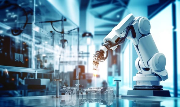 Futuristic Artificial Intelligence Robotic Arm Operates and Moves a Metal Object in lab, Picks It Up and Puts it Down. Scene is Taken in a High Tech Research Laboratory with Modern Equipment. Medical technology,robot arm concept copy space space for text