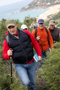 Group of people walking in natural landscape
