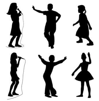 Illustration of kids singing and dancing. Isolated white background.