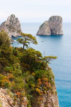 Coast of Capri Island, view of sea and sea-cliff