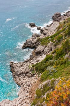 Coast of Capri Island, view of sea and sea-cliff