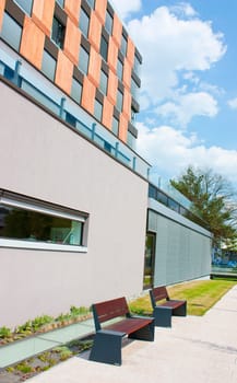 Vue of modern office building, could illustrate architecture or business