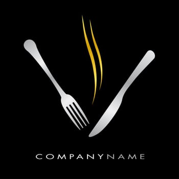 Symbole restauration, avec fourchette, couteau et fumée saveur or
