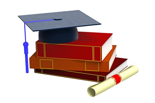 Bachelor cap and books for the student isolated on white
