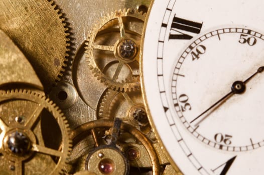 Closeup of the interlocking gears of a pocket watch