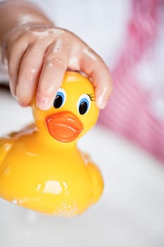 Bathtime fun! Toddler hand holding a yellow rubber ducky above a bathtub full of water and bubbles.