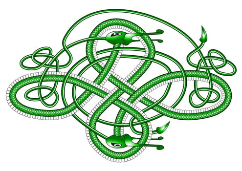 A green dragon in the form of a Cletic knot on a white background