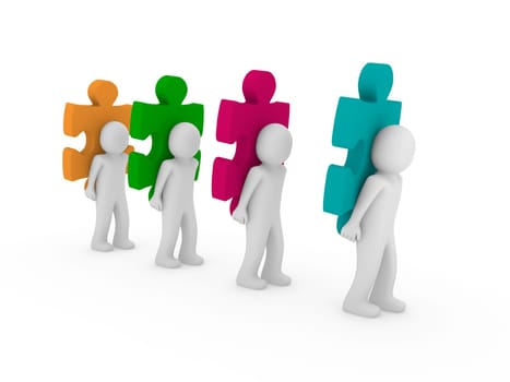 3d men puzzle teamwork pink blue green orange