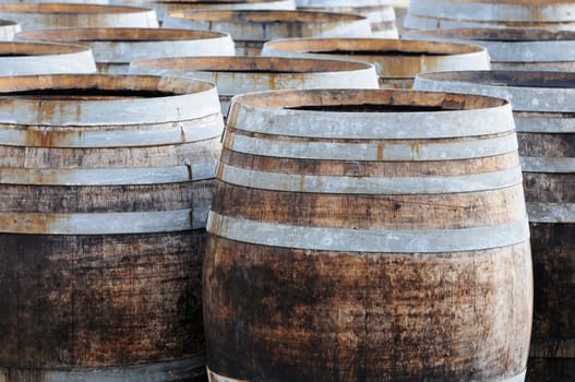 Detail of a wine fermentation barrels room.