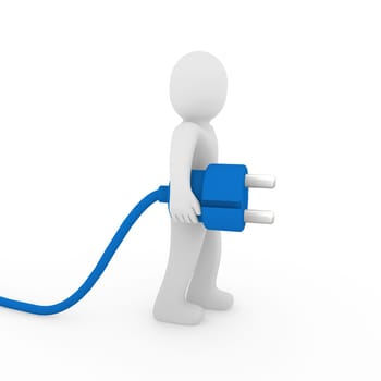 3d human man plug blue cable socket power