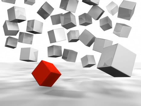 Few white cubes falling down, one of them is red