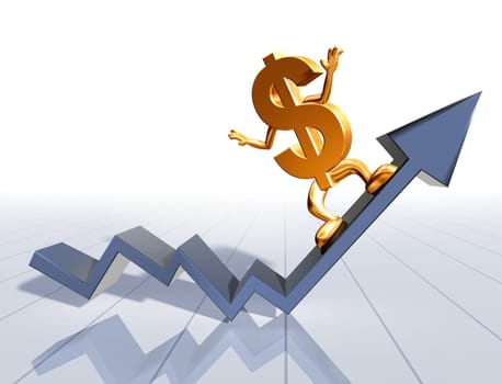 Illustration of a dollar symbol surfing an upward graph