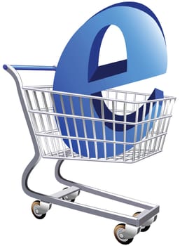 Illustration of a shopping cart with a large E symbol representing ecommerce