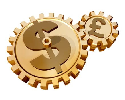 Illustration of two gears showing a relationship and influence of the dollar on the pound