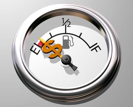 Illustration of fuel gauge showing low on fuel and low on cash