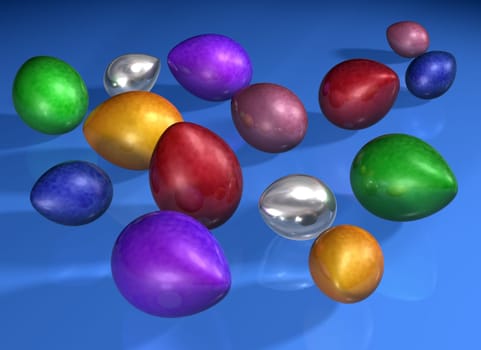 Illustration of various brightly colored shiny eggs