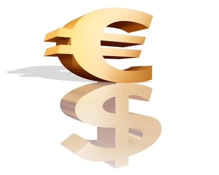 A Euro currency symbol with a reflection that becomes a dollar sign