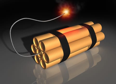 Illustration of seven sticks of dynamite strapped together with a lit fuse