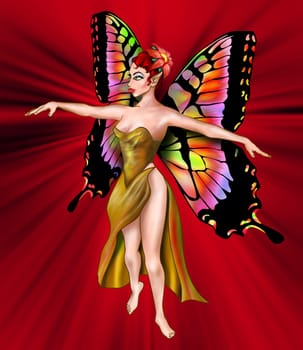 Illustration of a golden fairy with rainbow wings on a red background