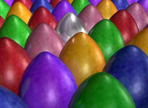 Illustration of an army of brightly colored eggs