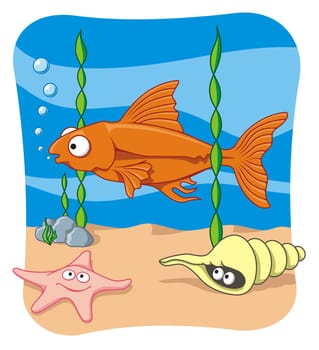 Cartoon illustration of sea life scenery.