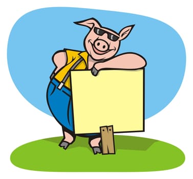 A cool pig with a sign ready to pass your message.