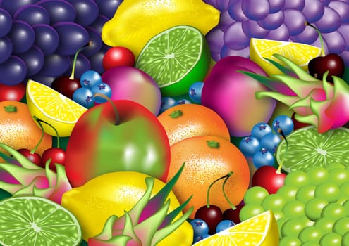 A stylized  Illustration of assorted healthy fruit with very vibrant colours