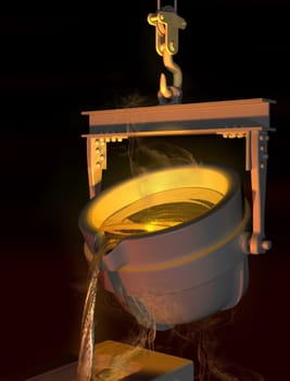 Illustration of molten metal being poured from a foundry crucible