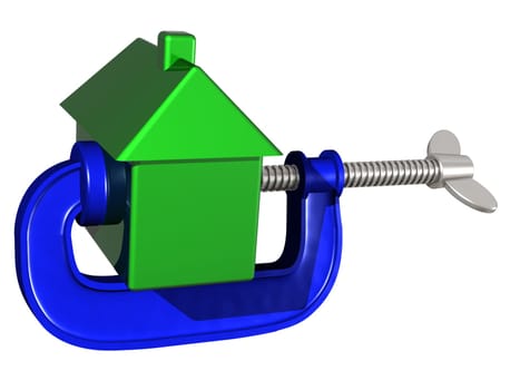 Isolated illustration of a house being squeezed in a g clamp