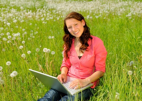 Young woman with laptop in a meadow