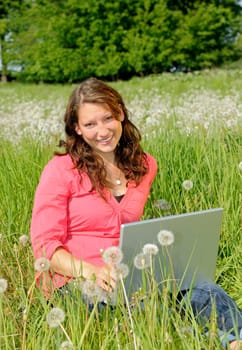 Young woman with laptop in a meadow