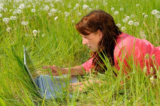 Young woman with laptop in a meadow
