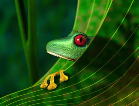 Illustration of an endangered red eyed tree frog peering from behind a leaf in the rainforest