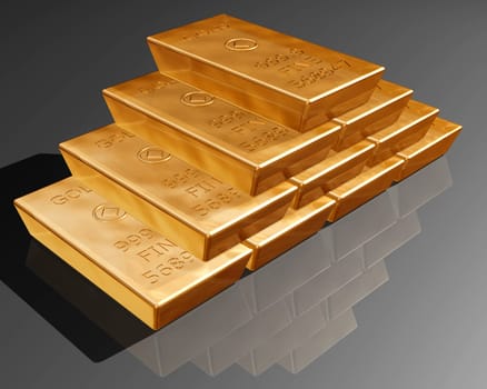 Stack of pure gold bars on a reflective surface.