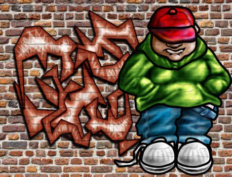 Illustration of graffiti art on an old brick wall