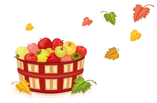 Autumn harvest with wicker basket filled with tasty apples. Isolated over white background.